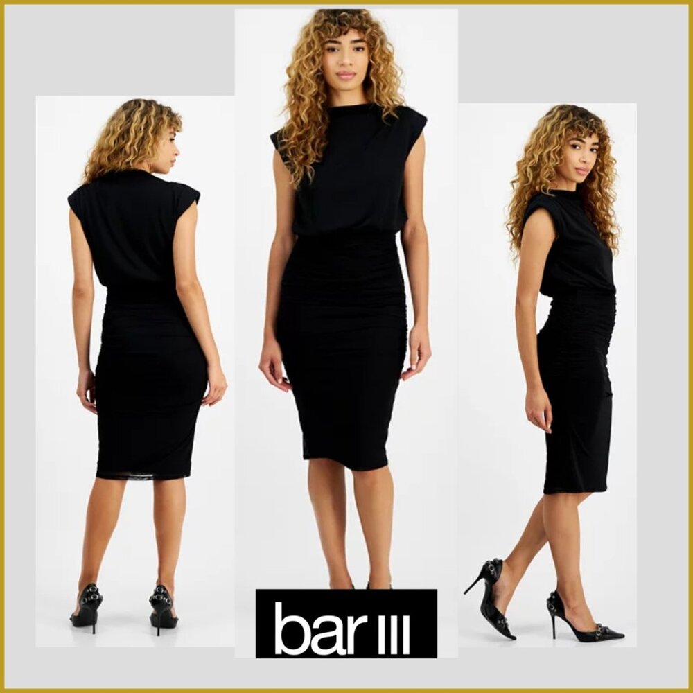 Bar III Black Mesh Ruched Midi Dress | Size M